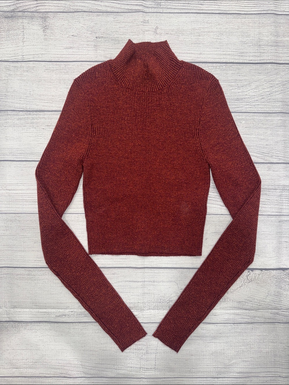 Zara Glittery Dark Orange Mock Neck Cropped Sweater